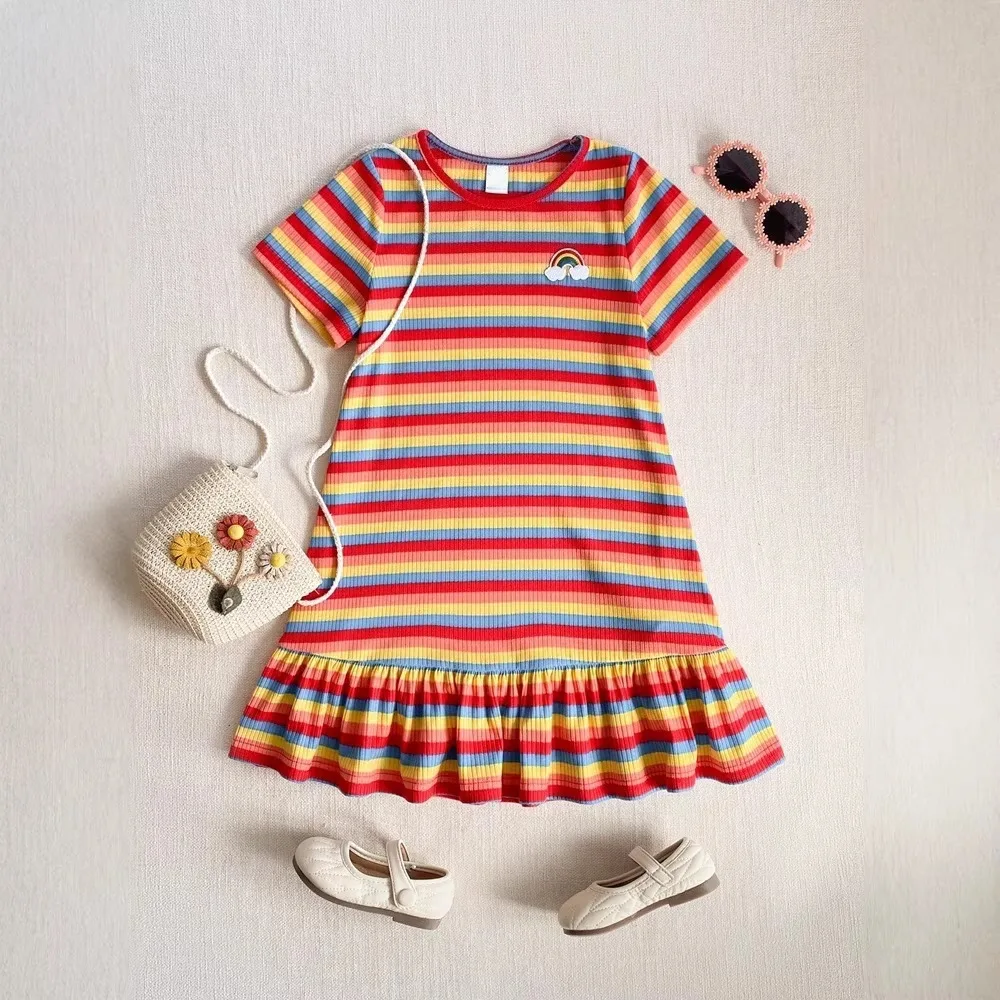 

New Arrival Toddler Girl Sweet Striped Midi Dress, Rainbow Embroidery Short Sleeve Robe, Children Ruffle Edge Daily Wear