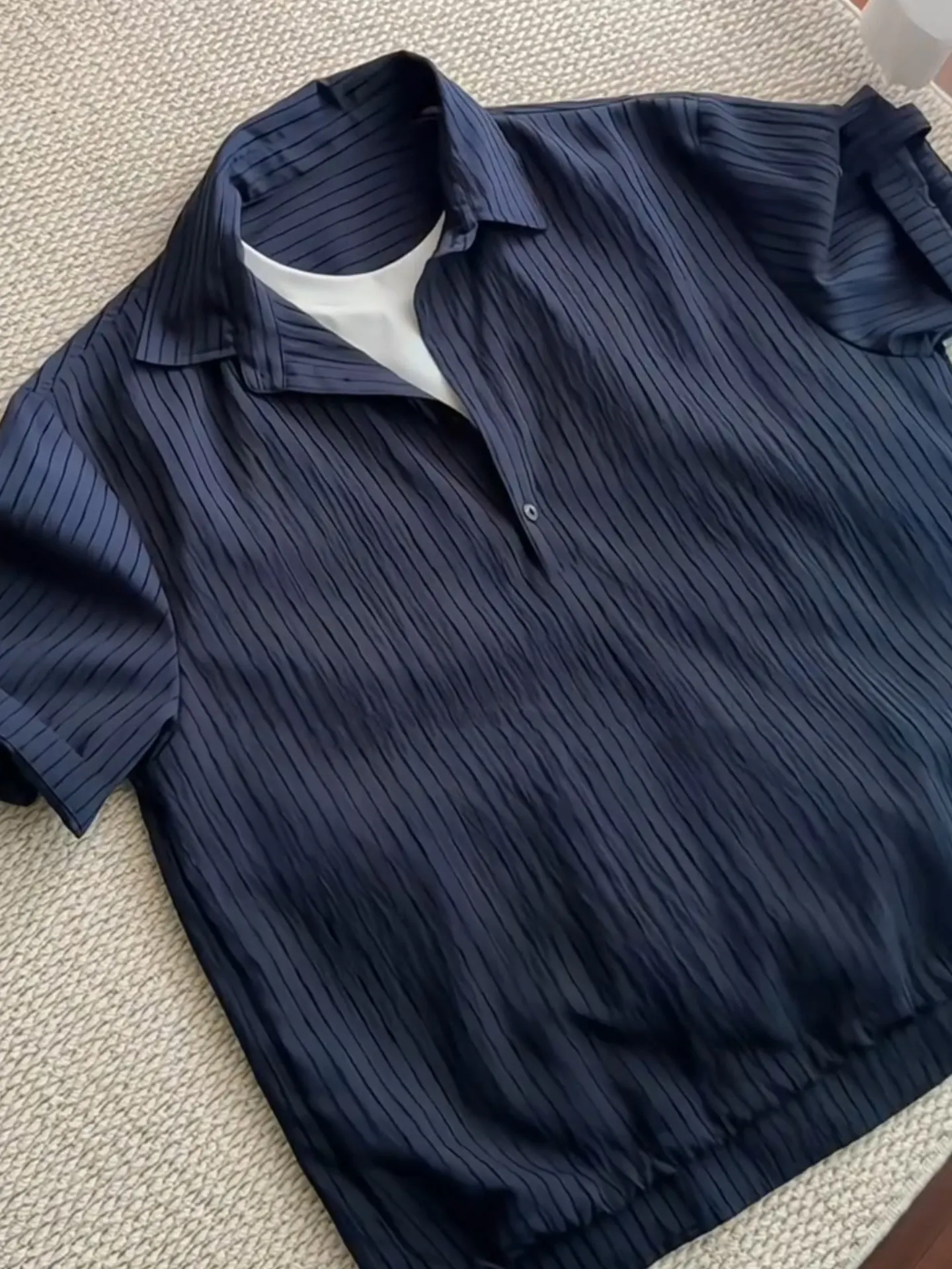 Business Commuter Style Striped Shirt Men's Summer Casual Loose Fit Short Sleeve Fake Two-Piece Dress Shirt Youth Trend