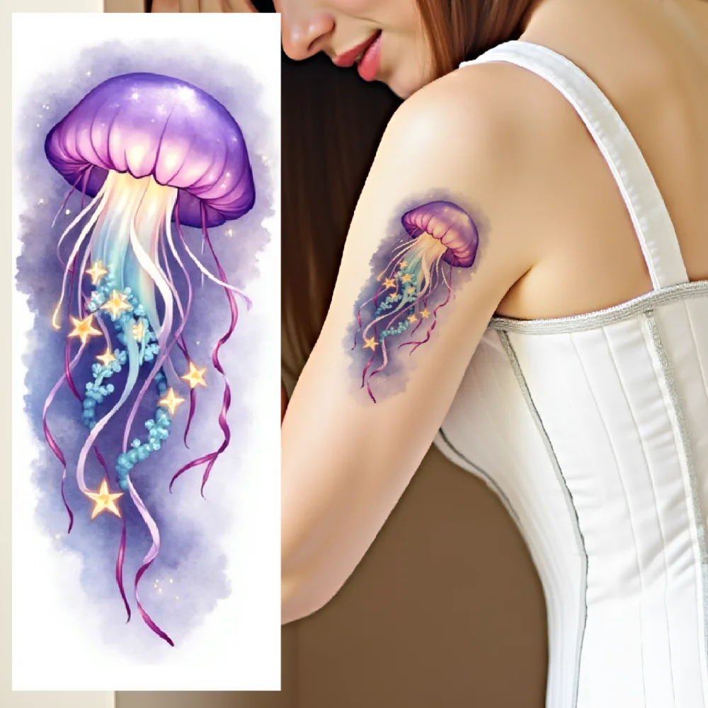 12pcs Temporary Tattoo Fighting Fish Colorful Realism Starfish Bizarre Fish Waterproof Long-lasting Body Stickers Snail For