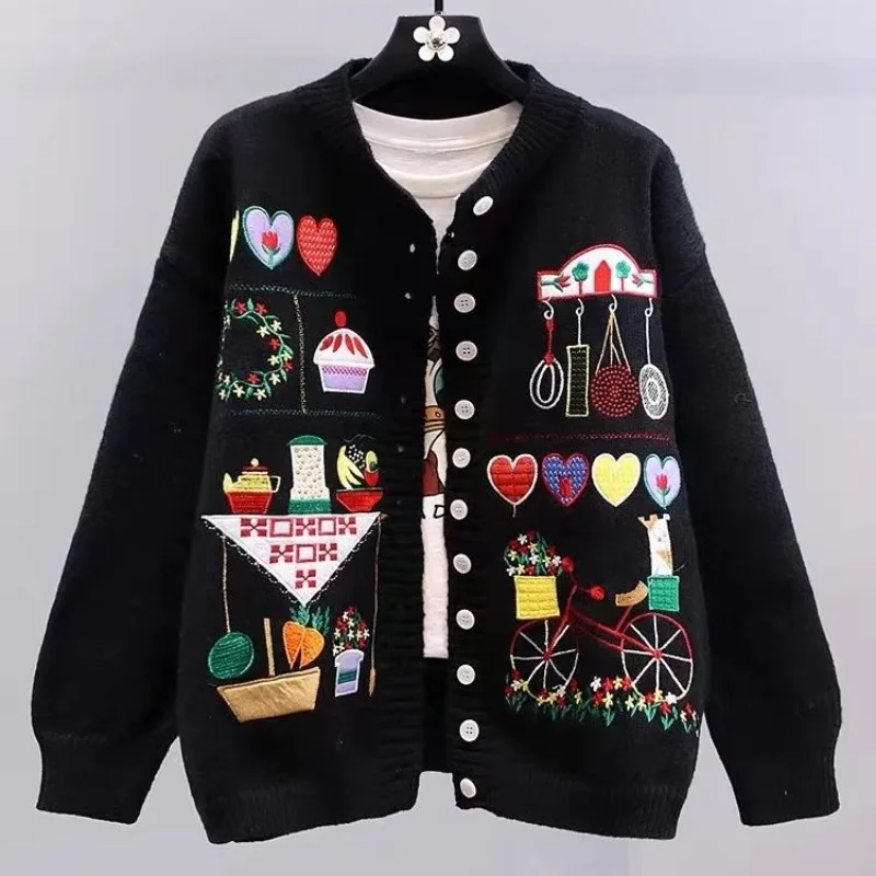 DAYIFUN Christmas Sweater Jackets Women Autumn Winter Retro Heavy Industry Embroidery Design Jumpers Lazy Style Knitted Cardigan