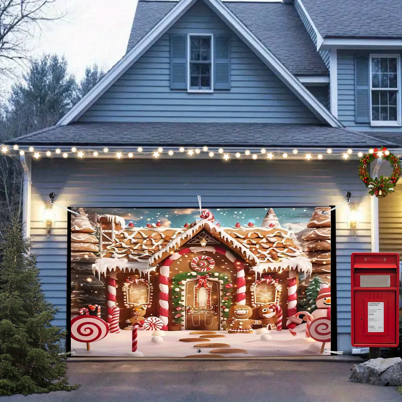 One piece, Christmas gingerbread house gingerbread man candy house cane candy blue sky white clouds painting art pattern banner