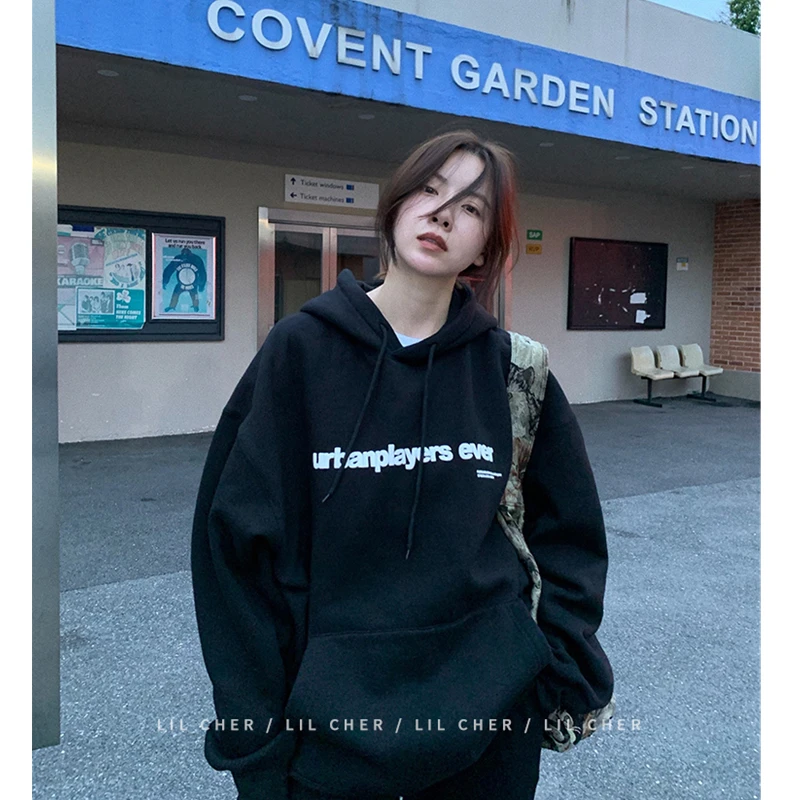 Women Navy Blue Sweatshirt Letter Print Warm Korean Fashion Leisure Loose Winter Long Sleeves Drawstring Hooded Pullover Tops