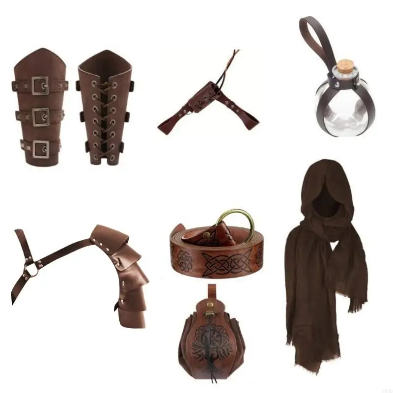 652F Medieval Costume Accessories Leather Belt Shoulder Guard Drawstring Waist Pack Bracers Swords Holder for Men Cosplay