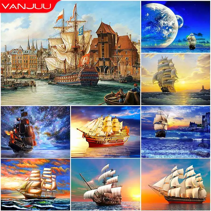 5D DIY Diamond Painting Sailboat Ocean Full Round Diamond Mosaic Landscape Diamond Embroidery Kit Rhinestone Home Art Decoration