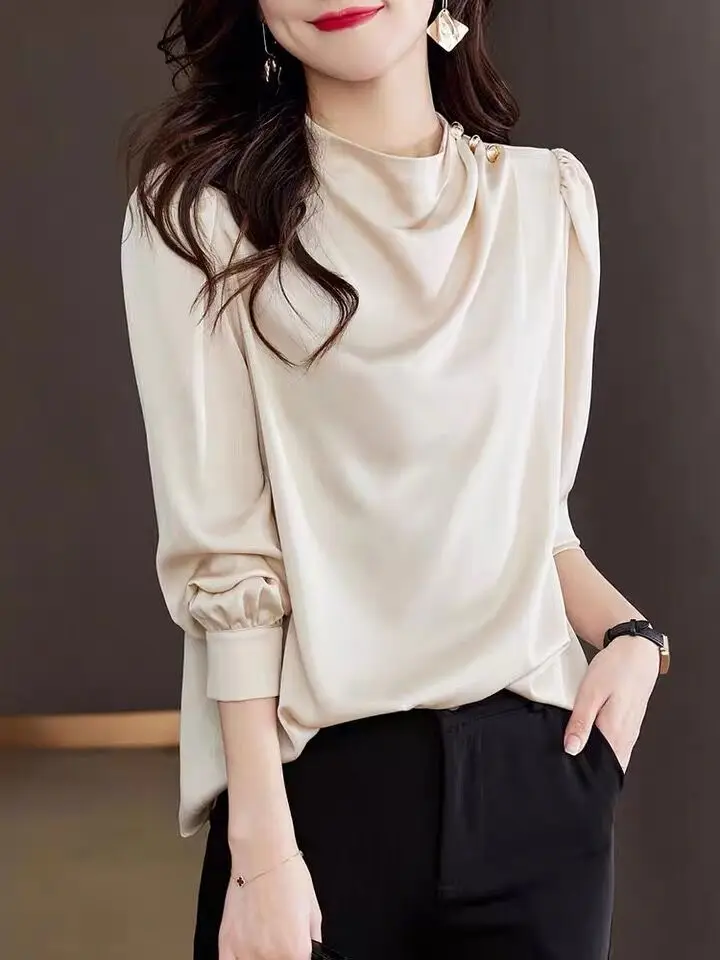 Spring Long Sleeve Solid O-neck Elegant Office Ladies Workwear Blouses Female white black tops 2024 New Chic Women Satin Shirts