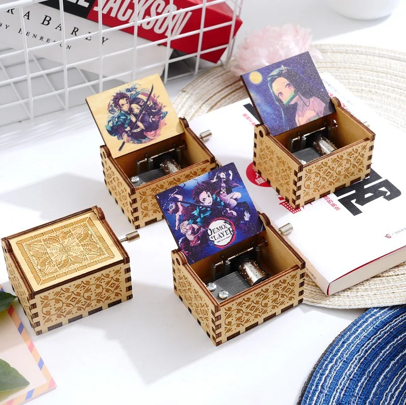 Hot Anime Demon Slayers Creative Cartoon Wooden Hand Cranked Music Box Carving UV Color Printing Exquisite Wooden Music Box Gift