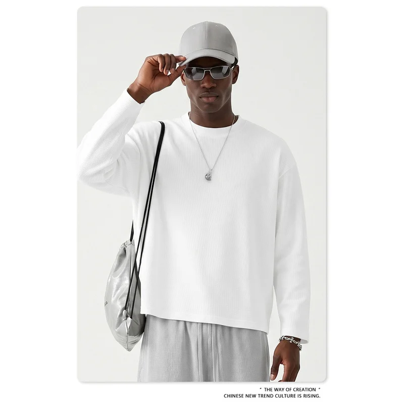 QICHE 2026 Autumn Men Boxy Fit Solid Breathable Long Sleeve T Shirt Loose Drop Shoulder Casual Top