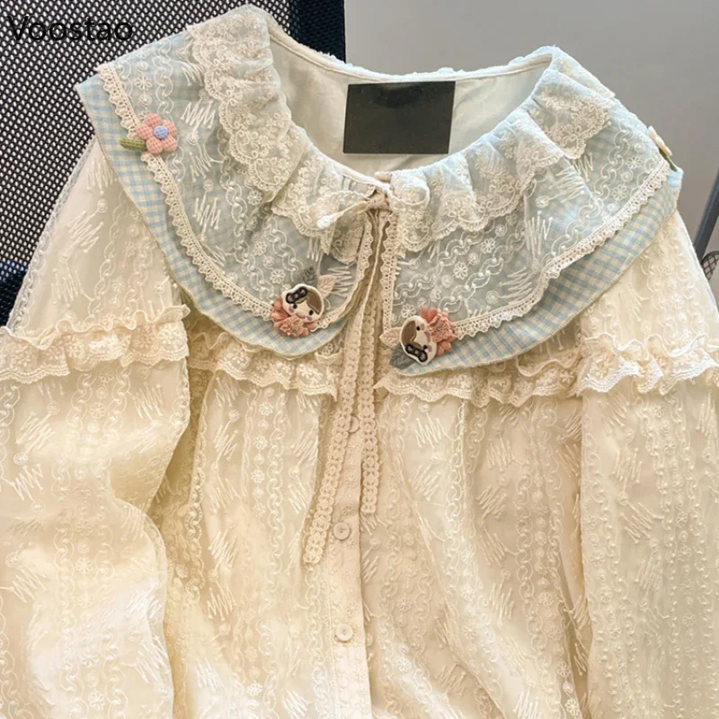 French Vintage Sweet Lolita Shirt Girl Kawaii Lace Ruffles Peter Pan Collar Long Sleeve Blouses Women Spring Autumn Casual Tops