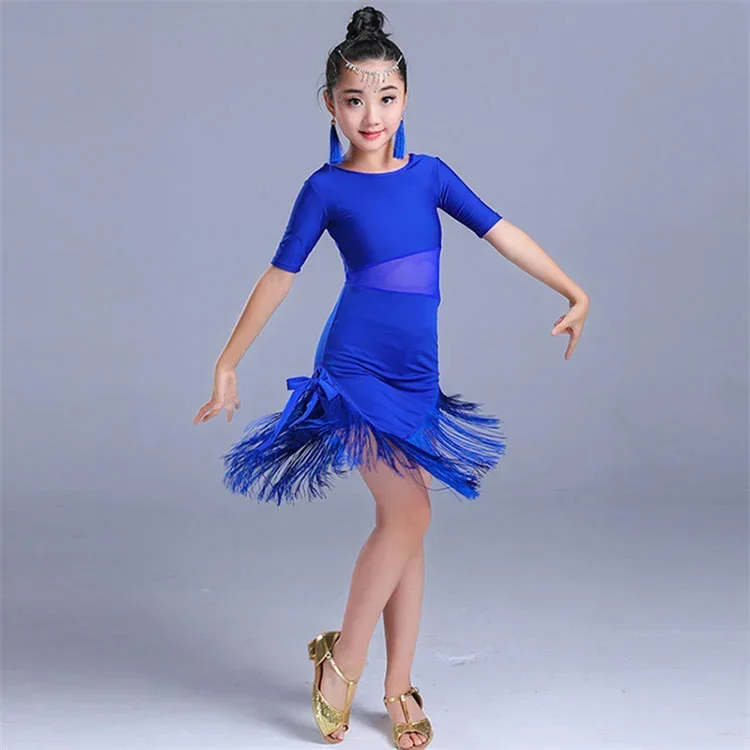 Vestido de baile latino para niños, vestido de baile con flecos, Tango, Salsa, salón de baile, traje de competición para niñas, novedad de 2024