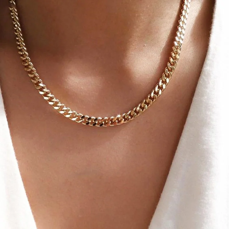 Width 3/5/7MM Cuban Stainless Steel Link Chains Necklace for Women Punk Gold Color Stacking Choker Chain on Neck Hip Hop Jewelry