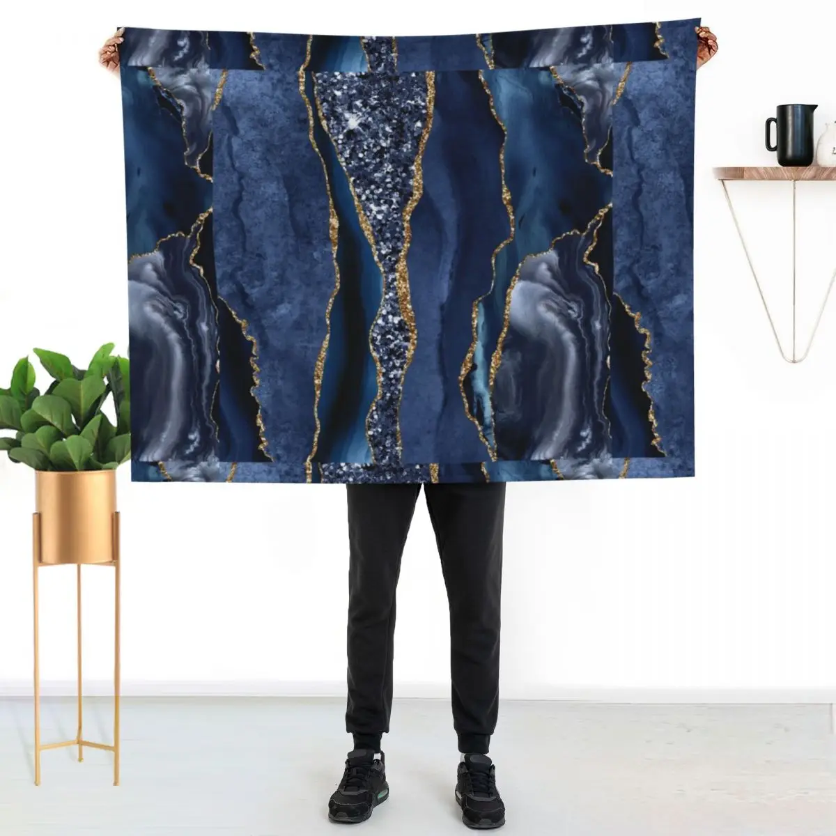 Abstract Blue and Gold Glitter Modern Geode Agate Design Throw Blanket For Baby Heavy Extra Large Throw Nap Blankets