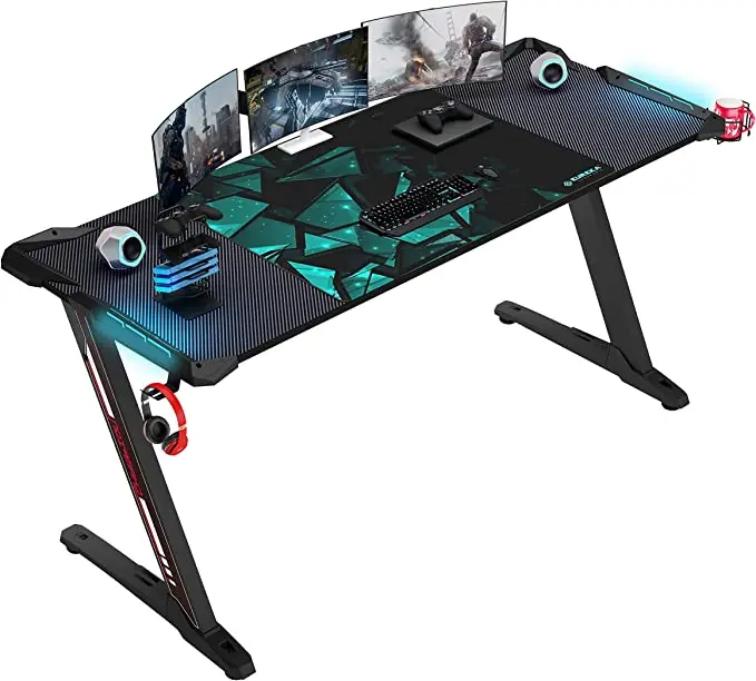 Nieuw gamingbureau met RGB LED-verlichting Groot Z-vormig gaming-pc-bureau met koolstofvezel desktopcomputer Game Desk-tafel voor gamer