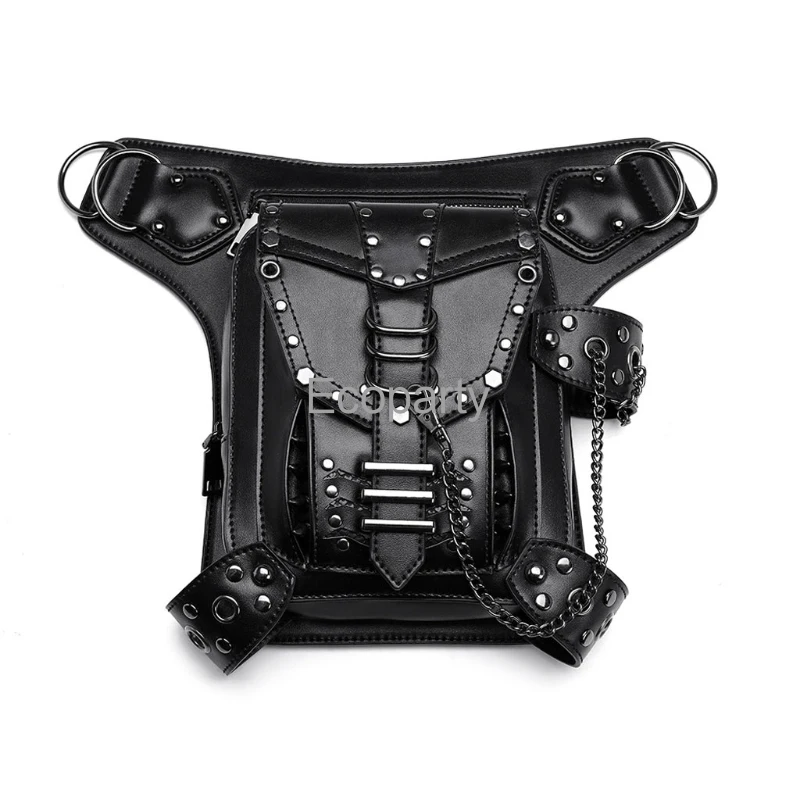 

Girl's Gothic Waist Bag Fanny Pack Leather Steampunk Bag Side Bag Travel Purse Black PU Leather Fashionable and Unique