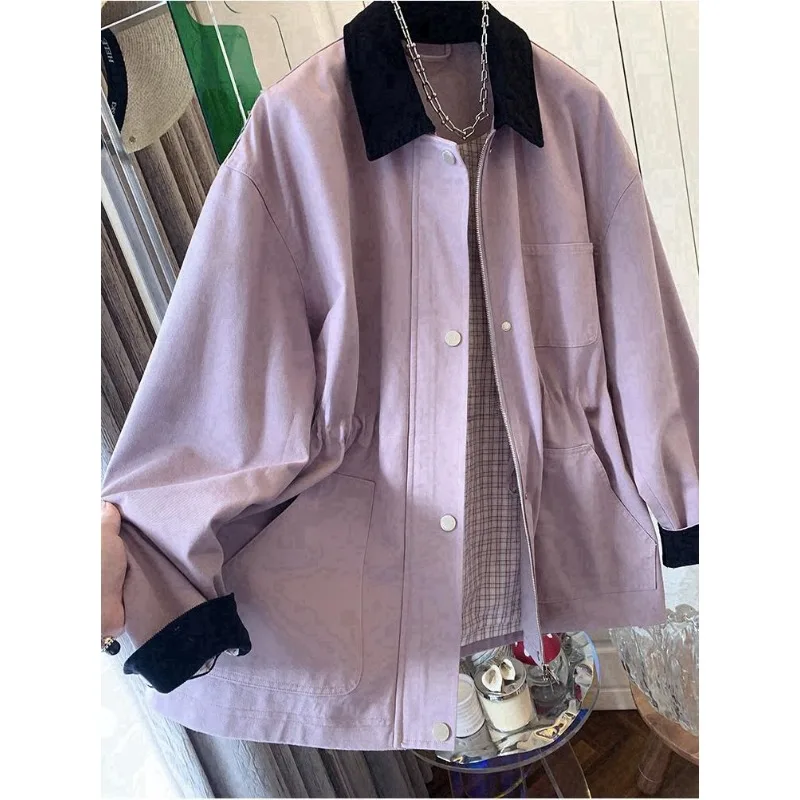 เสื้อโค้ททรงหลวมคอปกโปโลสีชมพูตัดกันสไตล์เรโทร SuperAen สำหรับผู้หญิง ฤดูใบไม้ผลิและฤดูใบไม้ร่วง 2025 สไตล์เกาหลีใหม่