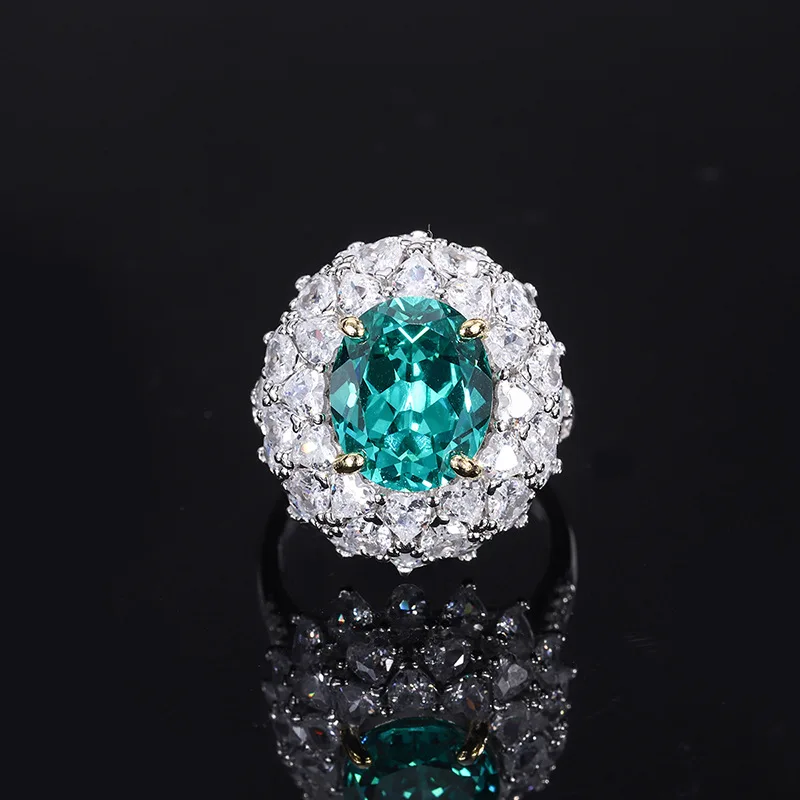 

New fashion trend S925 silver inlaid 5A zircon emerald Paraiba full inlaid color separation ring for ladies