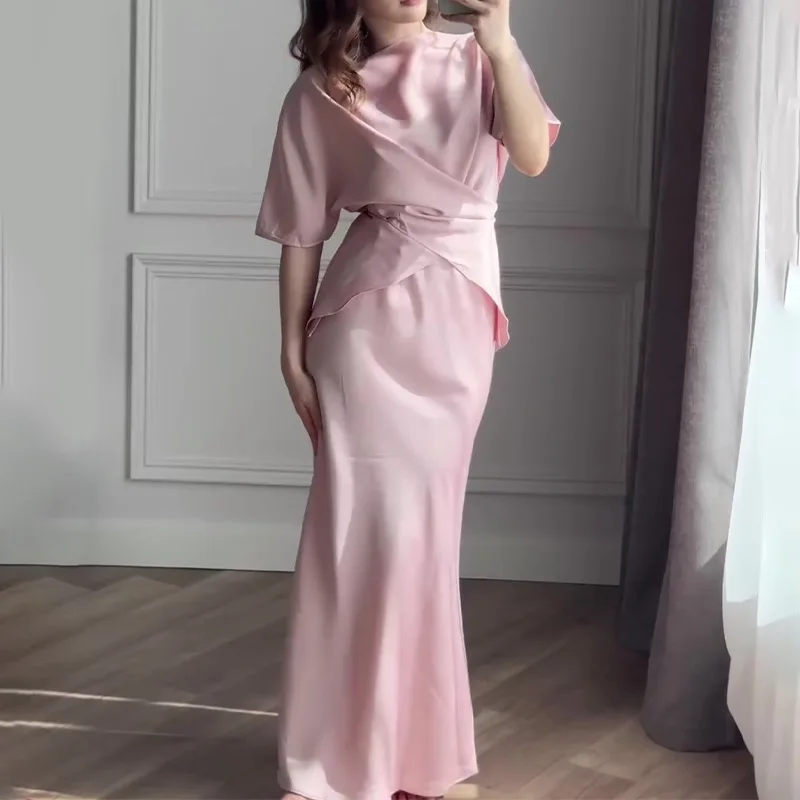 

2025 European and American Women's Summer Banquet Temperament Evening Dress Satin Strap Design High Waist One-step Skirt