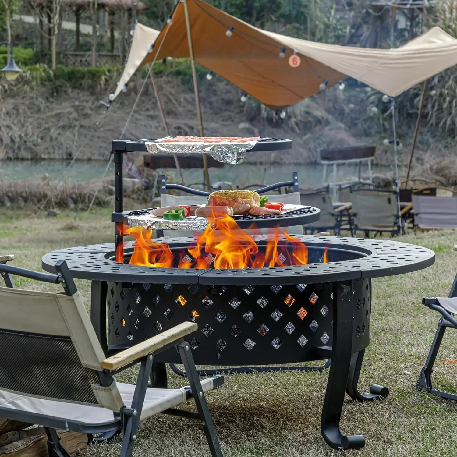 

Xmsj.42 Inch Pit With 2 Bbq Grills, Wood Burning Pits For Outside Lid & Fire Poker, Bbq& Outdoor Firepit Round