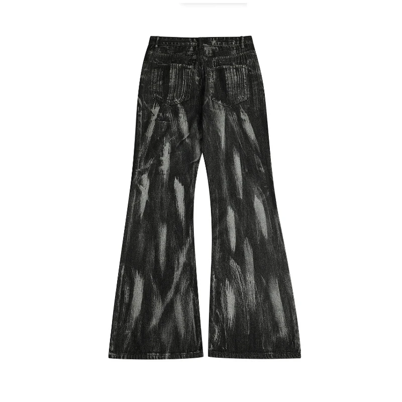 American Style Men's Denim Pants Hand Painted Contrast Color Boot-cut Trousers Worn-out Loose Wide Leg Male Jeans
