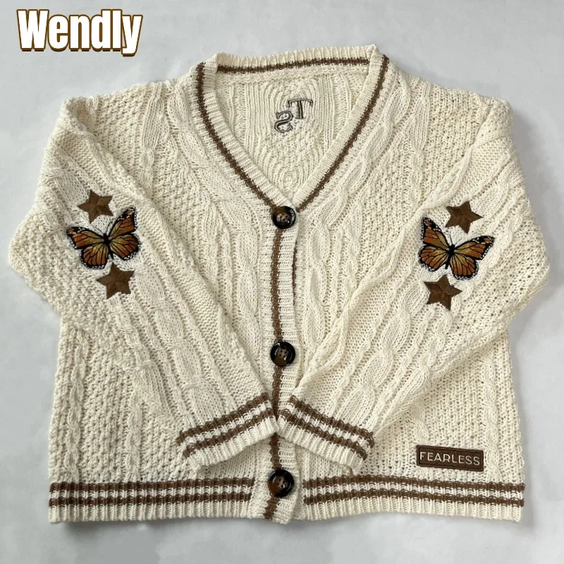 Butterfly Cardigan Women Star Embroidery Beige Brown Knit Sweater Tops Female Autumn Winter Concert Casual Knitted Cardigan Girl