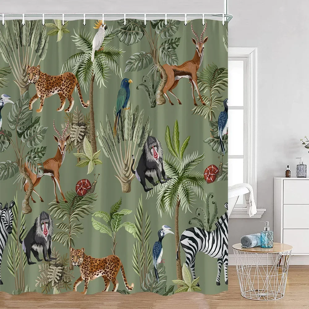 Tropical Animals Shower Curtains Leopards Wildlife Flamingo Parrot Zebra Green Plants Palms Leaves Bathroom Curtain Bath Decor