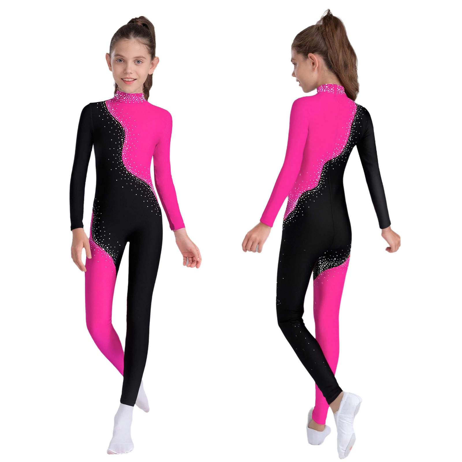 

Kids Girls Shiny Rhinestones Gymnastics Jumpsuit Figure Ice Skating Bodysuit Mock Neck Long Sleeve Color Block Full Body Leotard