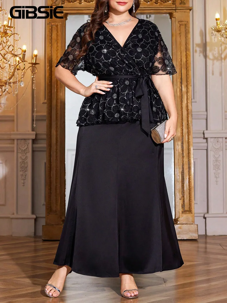 GIBSIE Plus Size Skirt Set for Women Elegant V-Neck Belted Sequin Top + High Waist Long Skirts Evening Party Two 2 Pieces Sets