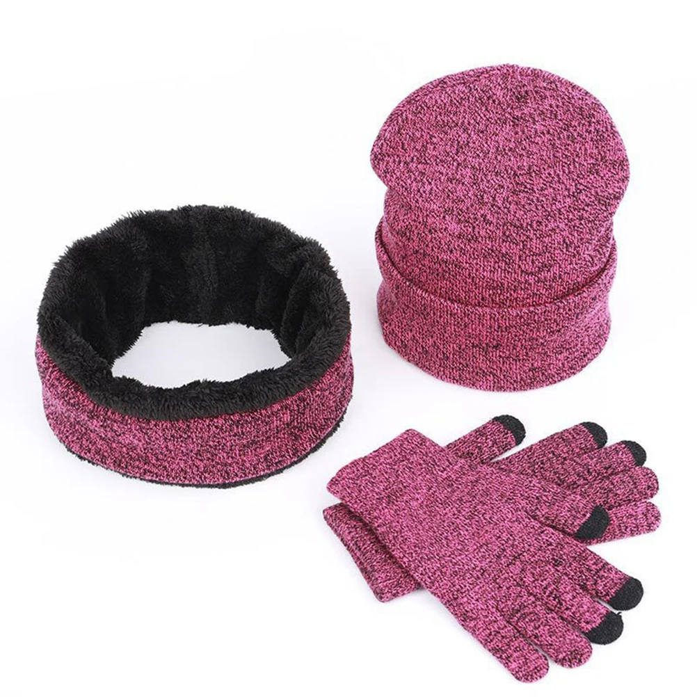

Winter Warm Scarf Beanie Hat Gloves Set Knitted Woolen For Women Men Purple Stretchy Comfortable Skin-Friendly Outdoor