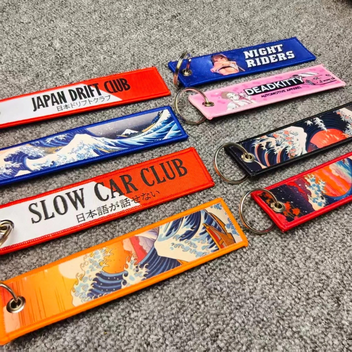 JDM Style Keychain Night Riders Keyring Embroidered Waves Japan Anime Car Motorcycle Key Tag Holder Backpack Pendant Accessories
