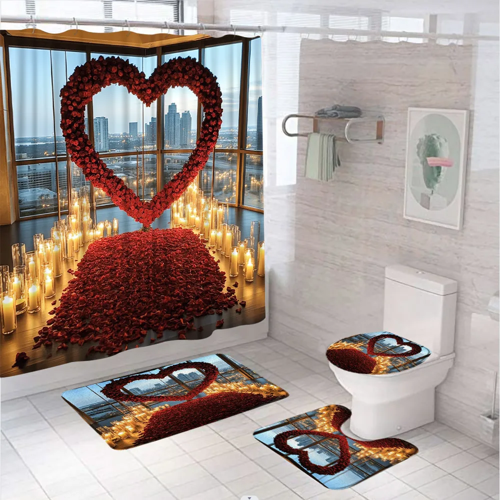 Valentine's Day Shower Curtain Set For Bathroom Decor Red Love Heart Romantic Groom Bride Anti-slip Bath Mats Toilet Cover Rug