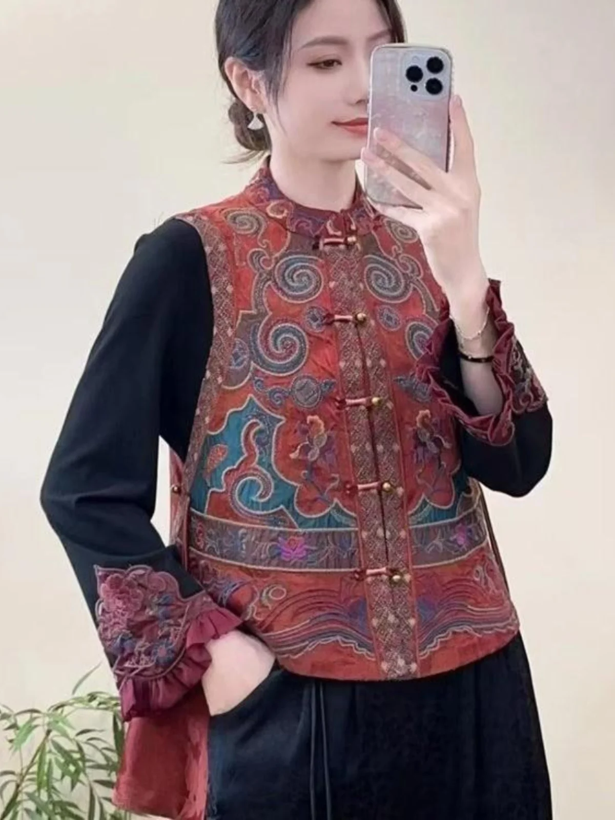 Nuovo Gilet Cinese da Donna con Ricamo, Scollo Rotondo, Bottoni, Fodera Interna in Cotone, Vestibilità Regolare, Top Comodo