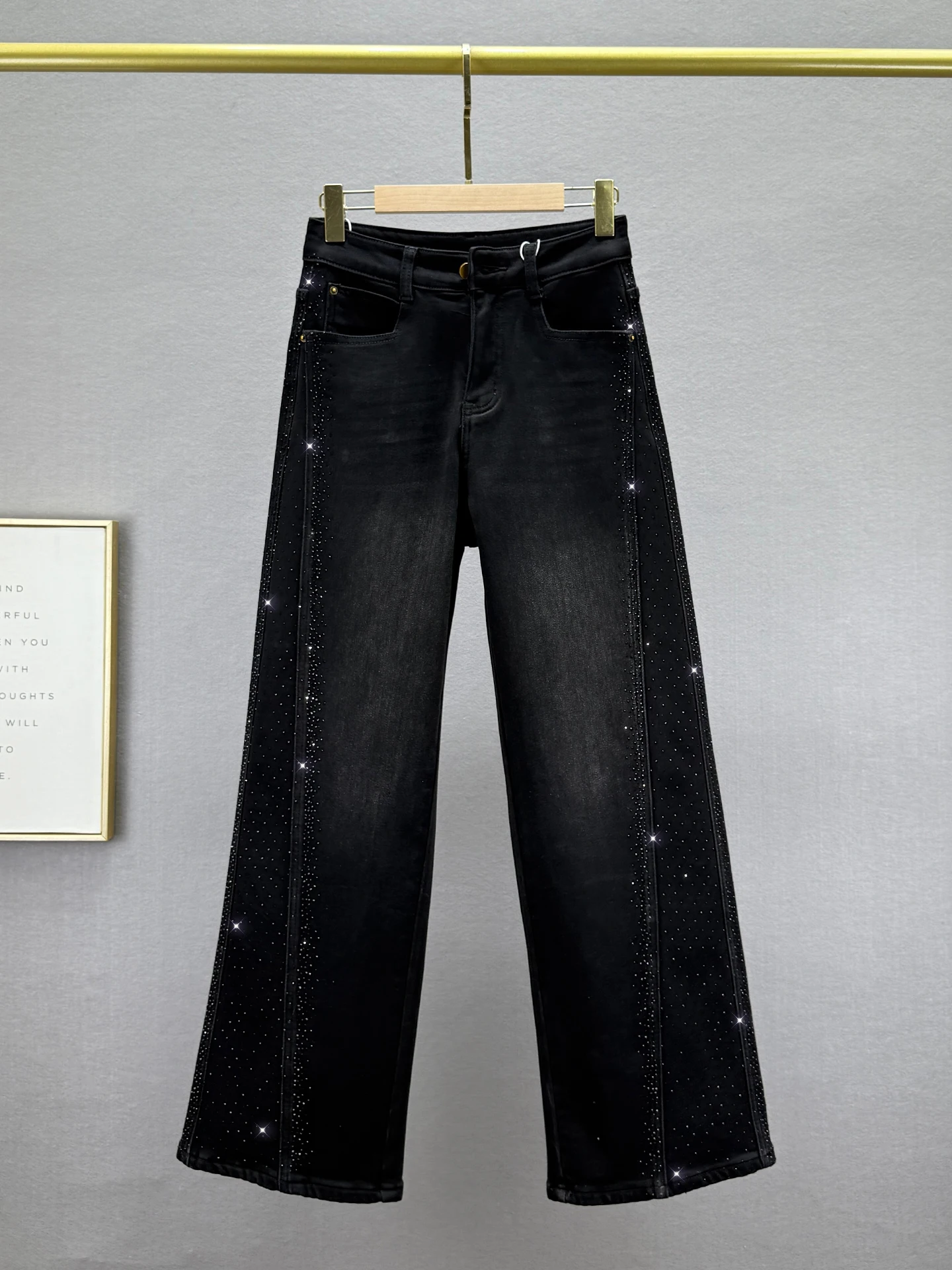 

Fleece Lined Wide Leg Jeans Women's High Waist Loose Slimming Black Diamond Heat Transfer Winter New Style European Goods