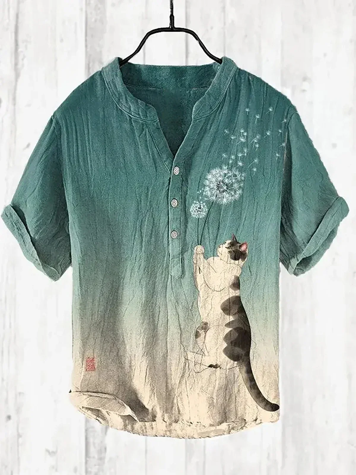 2024 men's linen short sleeved shirt casual luxury social fashion cat Hawaiian short sleeved shirt elegant classical short sleev