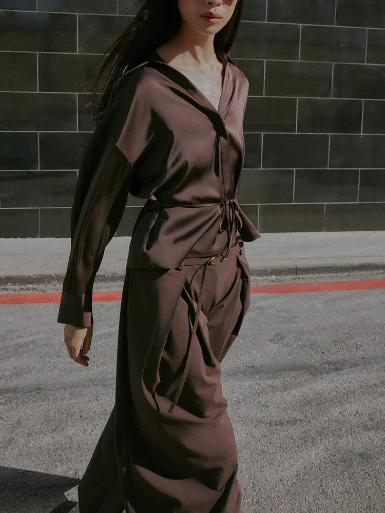 Faion Long Sve irt – Texture Satin de soie, col rabattu avec ceinture, vêtements pour femmes, Costume de scène ethnique, nouvelle collection hiver 2025