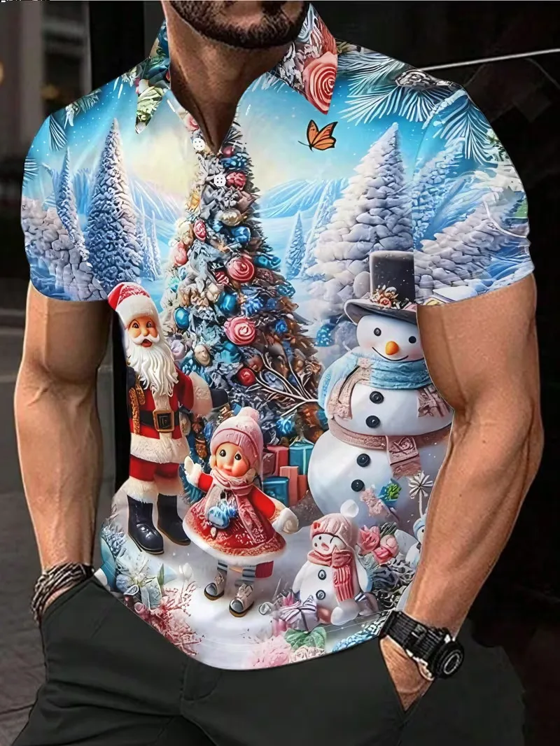 Men Green Christmas Bauble Star Print Polo Shirt Tops Colorful Xmas Ornament Snowflake Holiday Party Casual Wear For Men