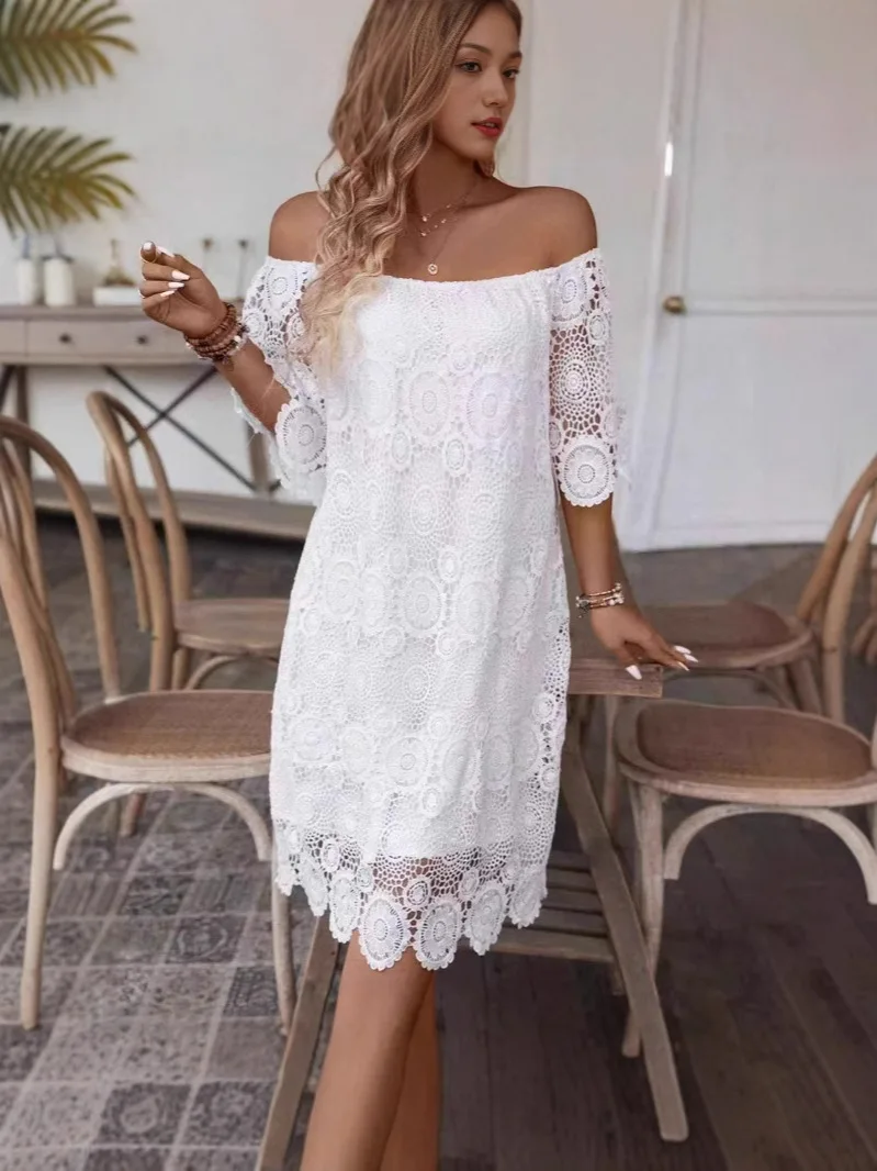2025 Romantico abito in misto cotone con spalle scoperte Pizzo floreale Midi Vita smock Traspirante Manica a 3/4 Resort Invitato a un matrimonio A-Line
