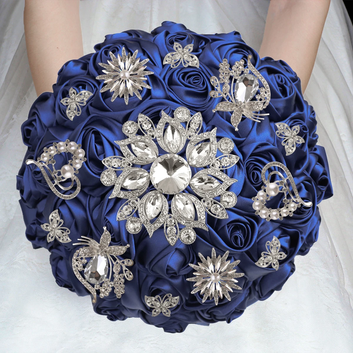 Navy blue Satin Rose Bouquet Luxurious elegant rhinestones Bride Bridesmaids bouquet knot Wedding church Gift accessories W828S