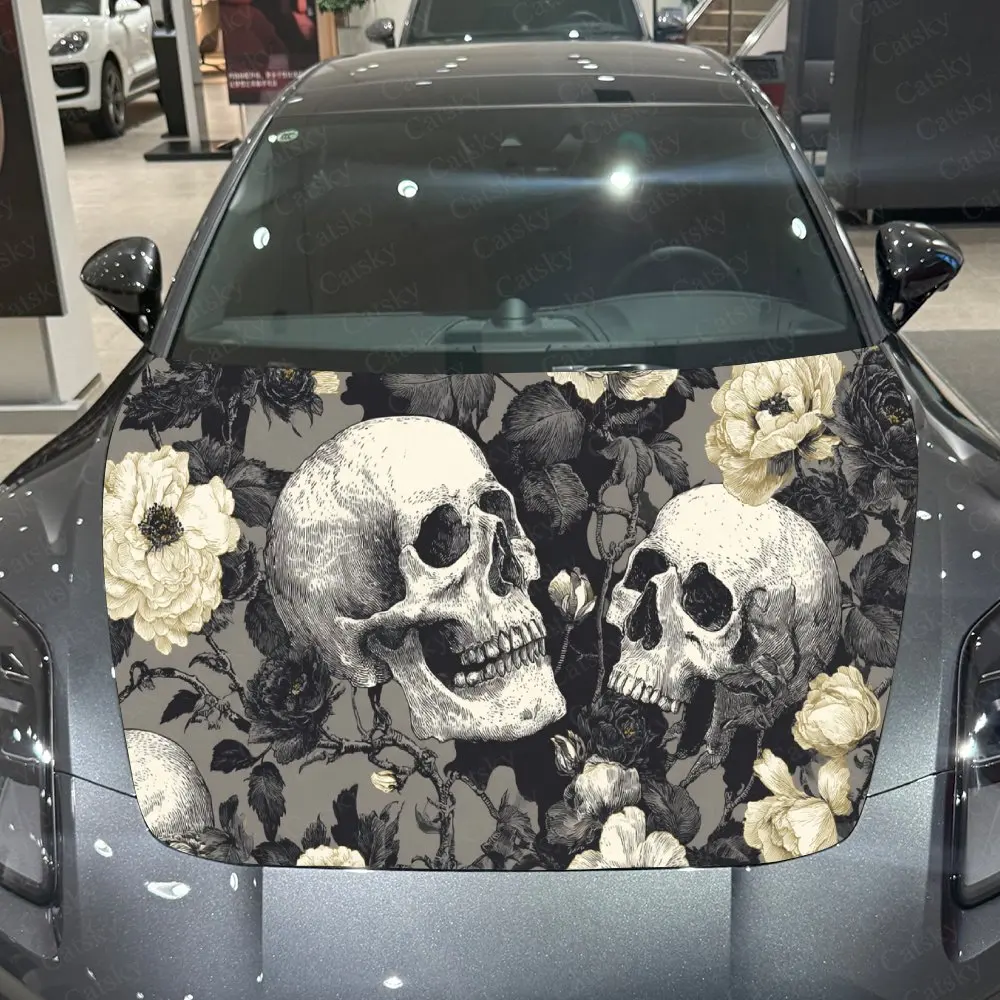 Car Decal Gothic Culture-Inspired Combination of Skulls and Monochromatic Floral Elements Car Hood Sticker, Waterproof Self - Ad