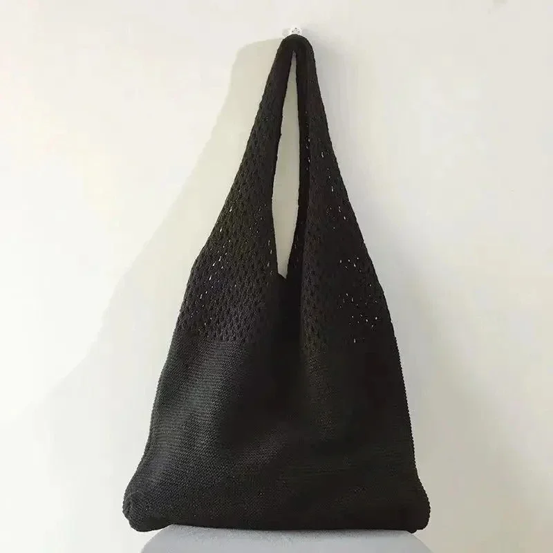 

New Trend Women's Bag Crochet Handbag Retro Knitted Braid Solid Color Hollow Black Khaki Top-handle Tote Bag Shopper