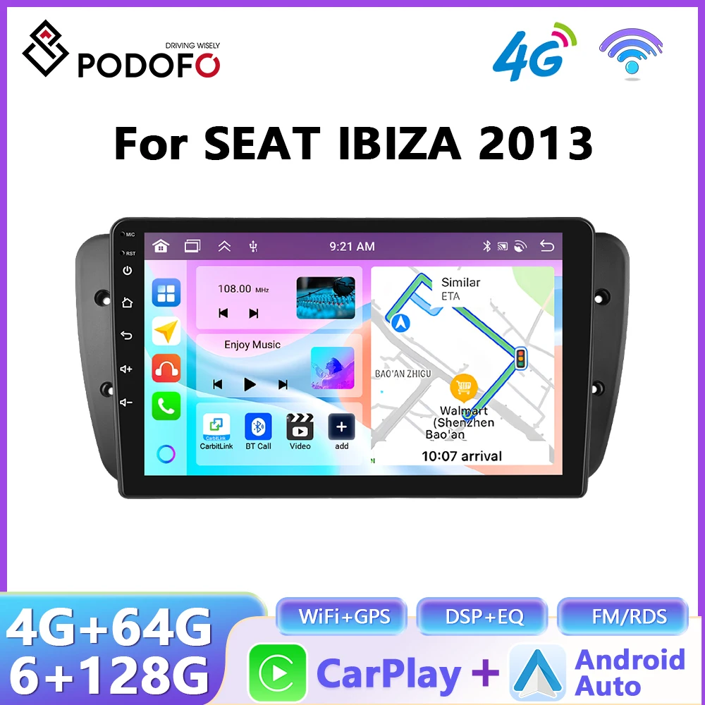 PODOFO Wireless CarPlay Android Auto Radio SEAT IBIZA 2013 GPS Navigation