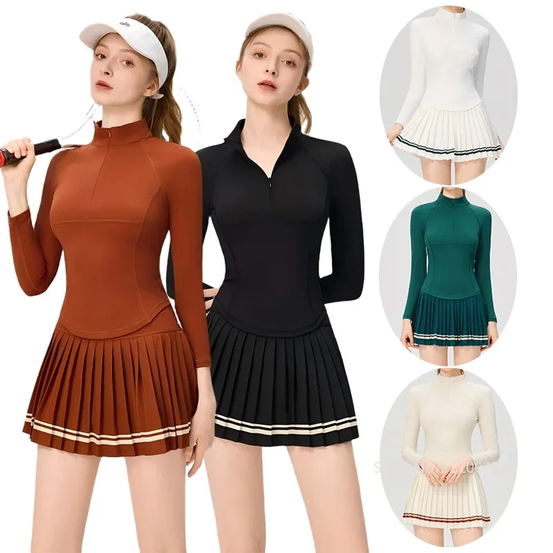SharpStar Women'S Long Sleeve Yoga Tennis Shirt Zipper Collar Workout Athletic Shirt Slim Pleated Tennis Skirt Gym Short Skorts