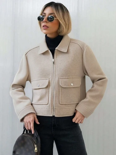 Imagen 2 del producto SLTNX Chaqueta con cremallera para mujer, nueva chaqueta de invierno de manga larga con bolsillos, abrigo corto elegante para mujer