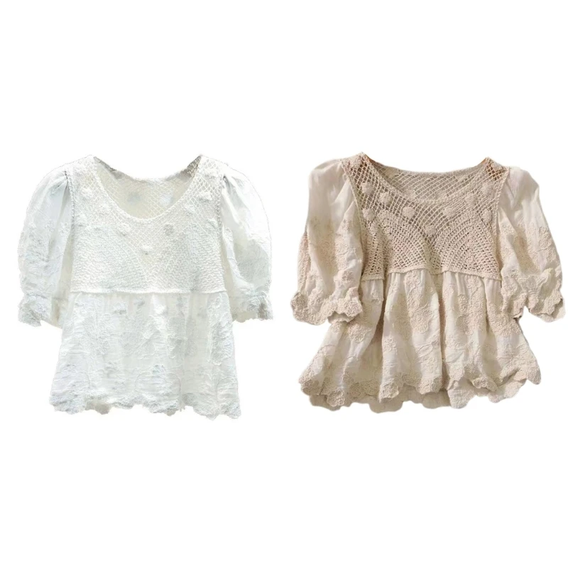 Losse casual tops voor dames, ronde hals, T-shirt met pofmouwen, gehaakte babydollblouses