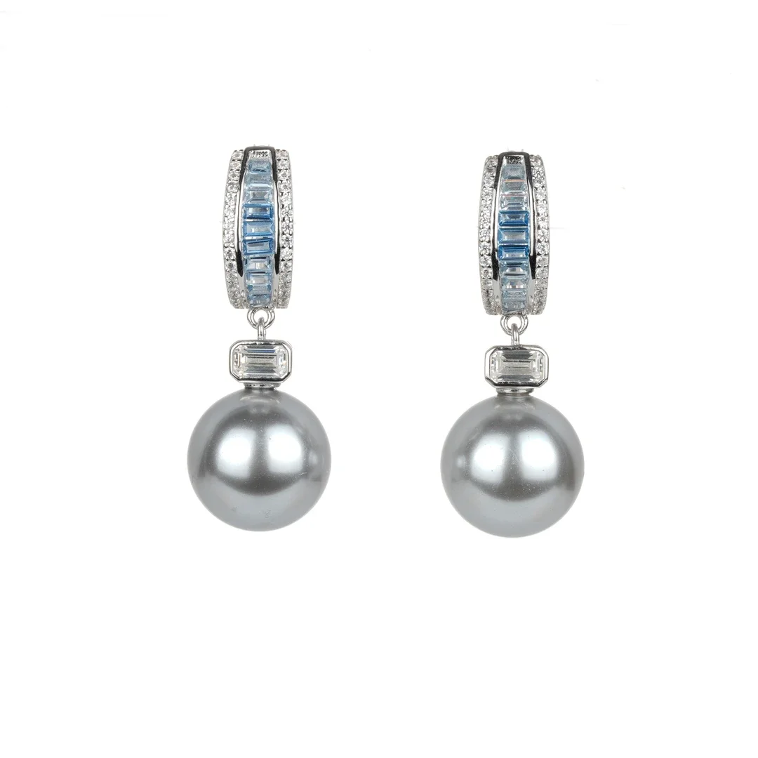 BELLUX 925 Silver Synthetic Zircon Emerald Cut Diamond Earrings Grey Shell Pearl Luxury Fashion Earrings