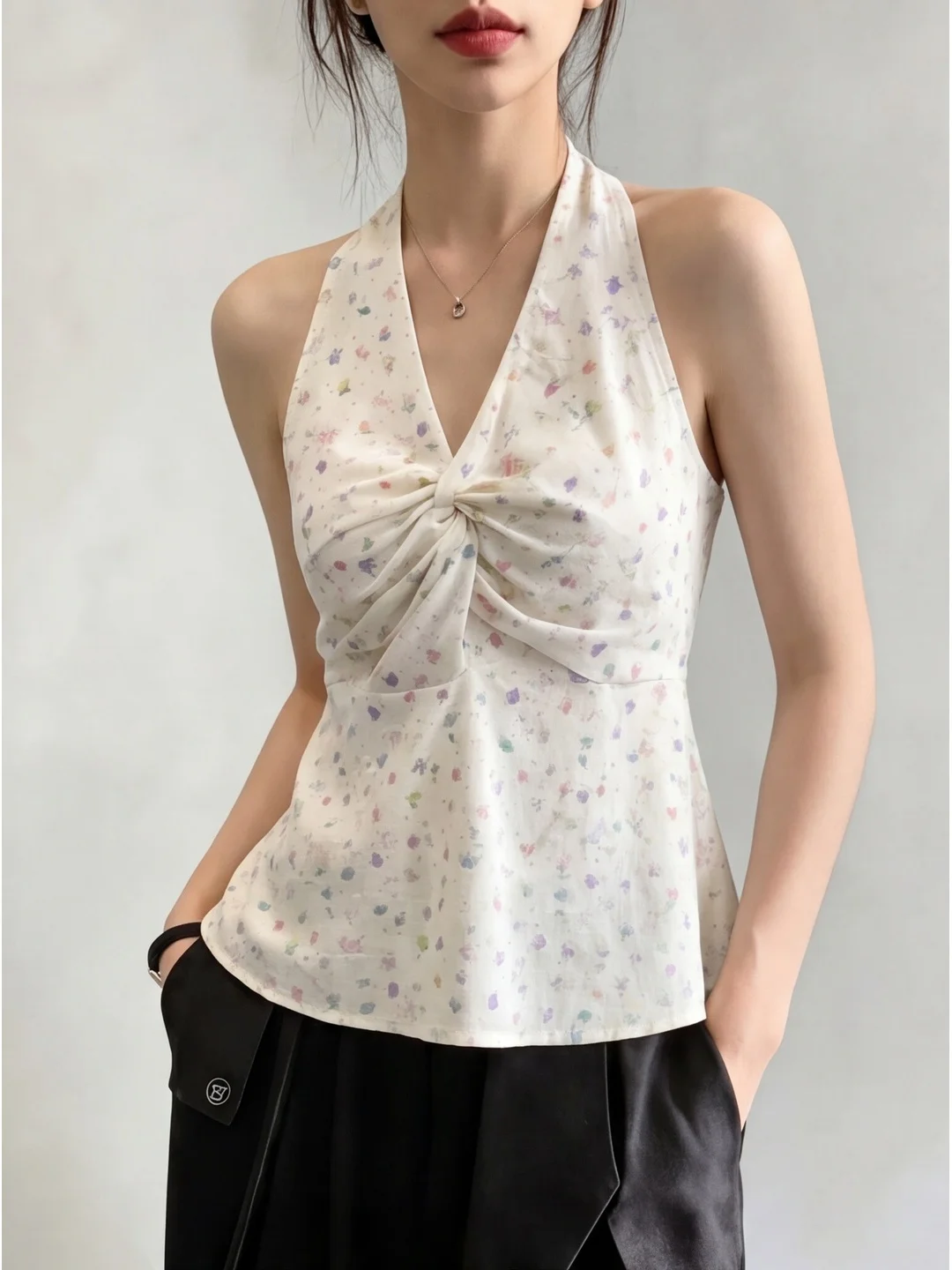 

Sweet Floral Knot Neck Strap Vest Women Summer Spicy Girl Casual V-neck Waist Cinch Sleeveless Versatile Top Elastic Fit Shor...