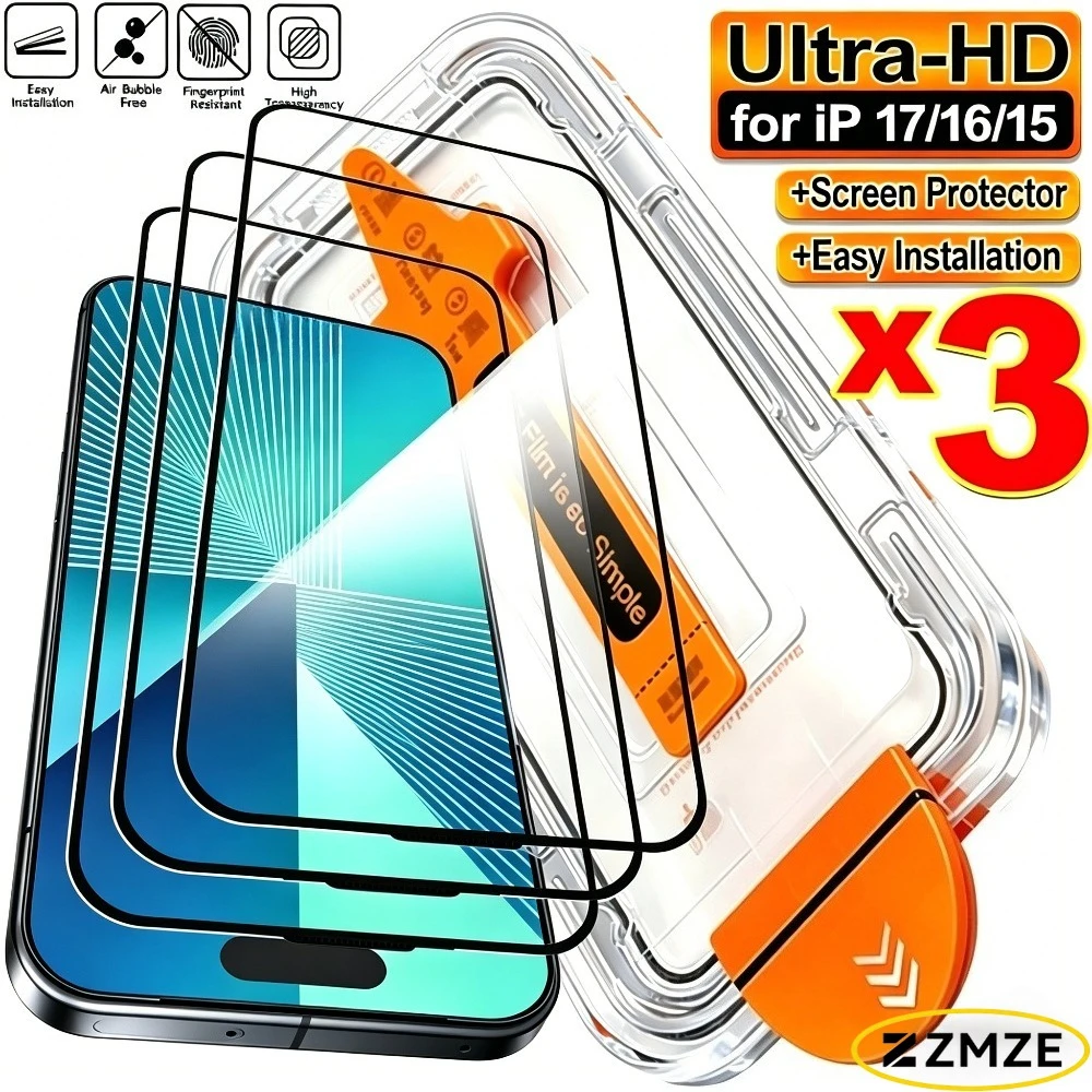 

Комплект из 3 защитных стекол с полным покрытием для iPhone 17, 16, 15 Pro Max, Air 17e, 16, 15, 14 Plus, 14, 13, 12, 11 Pro, с установкой без пыли