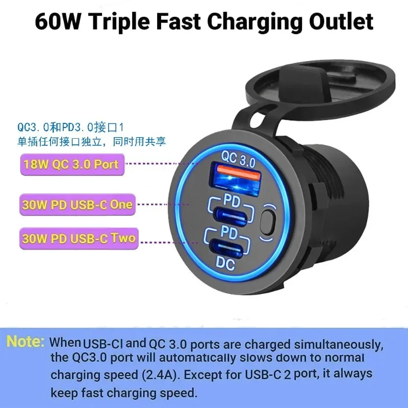 

Bestseller Car Charger with On/Off Switch, Multi-USB Port Quick Charge Adapter, 12V/24V Socket Modification Kit for Cars