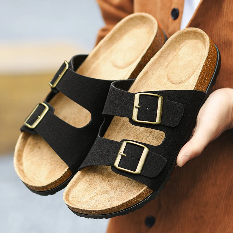 Fashionable Outdoor Lightweight Slippers Cork Sandal Summer Casual Double Buckle Home Non-slip Slides Slip on Flip Flop Shoes