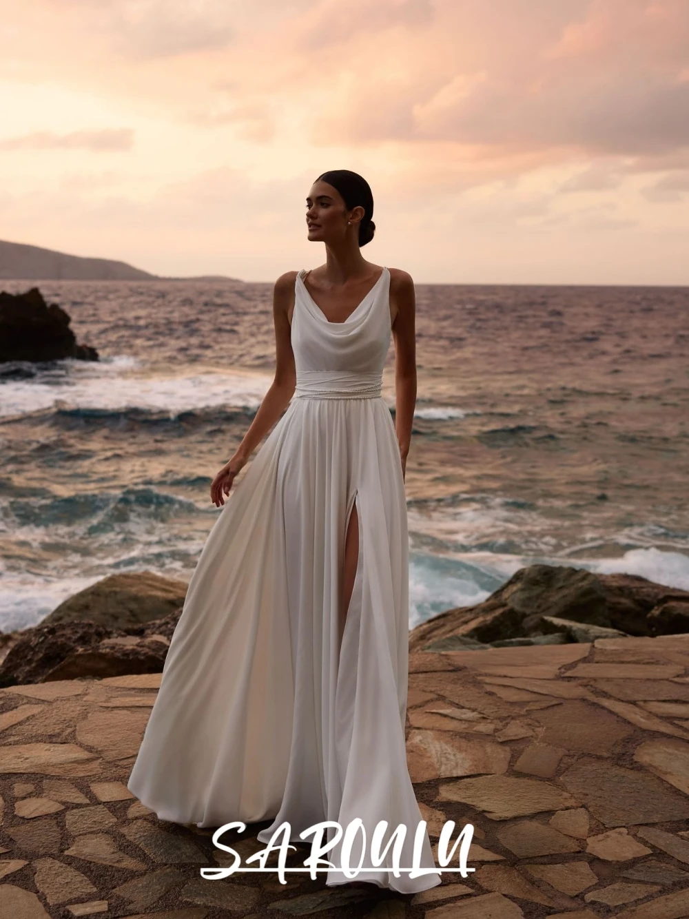 

Draped Cowl Neckline Soft Plus Size Wedding Dress Boho Simple A Line Corset Charming Pearls Bridal Gown Customized For Women