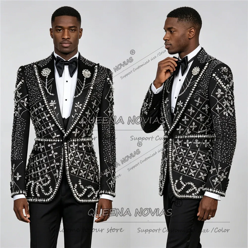 Luxury Jewelry Stones Suits Men 2 PIeces Sets Single Breasted Groom Prom Blazers Customized Wedding Tuxedos Male Fashion Outfit