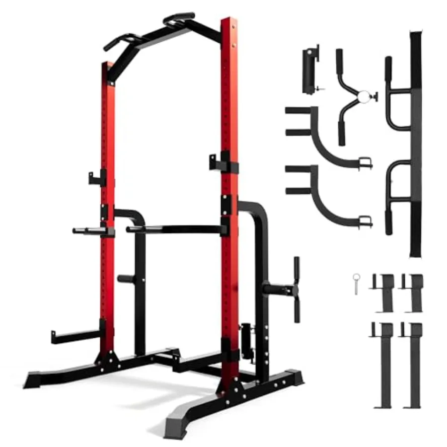 Multi-Functional Home Gym Power Rack with Pull-Up Bar Dip Station for Weightlifting Strength Training in Black Steel with J-Hoo